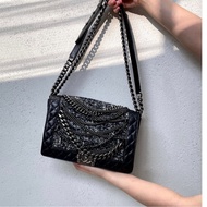 「JL精品代購」9新 Chanel 香奈兒 黑白毛呢鏈條 punk boy包