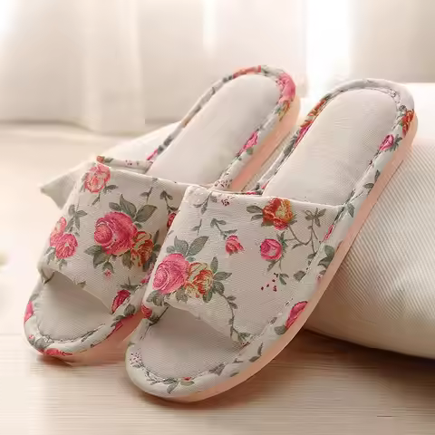 Fashion Floral Slippers Women Casual Comfortable Indoor Home Flat Shoes Anti Slip Sandals Spring Aut
