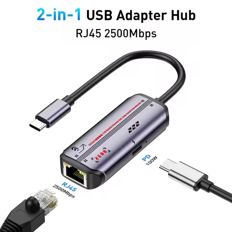2.5G USB C Ethernet Adapter 2.5Gbps/1000Mbps RJ45 PD 100W Charging Aluminum Compact for Laptop Table