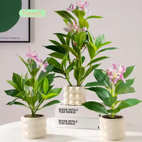 1pc Artificial Azalea Plant with Faux Ficus and Flowers - Plastic Green Plant for Home Table and Out