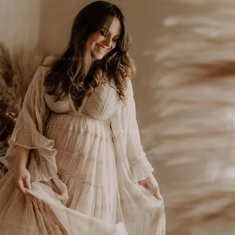 Bohemian Photo Shooting Pregnancy Dress V-neck Long Sleeve Pleated Chiffon Elegant Maternity Photogr