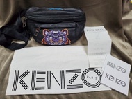 二手 KENZO 經典虎頭刺繡小牛皮拉鍊腰包 斜背包 黑色 Bumbag