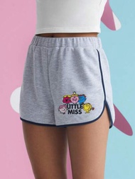 Mr Men Little Miss X SHEIN 休閒運動風格卡通及字母圖形彈性腰部海豚短褲