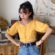 Square collar button bishop sleeve blouse