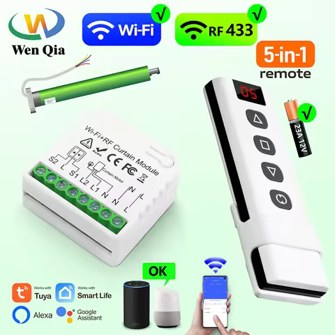 WiFi RF Roller Shutter Curtain Switch,Tuya Smart Module for Window Blinds Awning,5-in-1 Remote,Timer