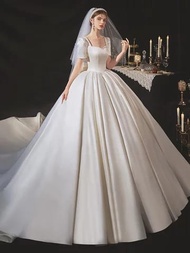 wedding dress satin ball gown french style retro square neck wedding gown small simple wedding dress