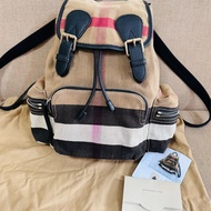 售 二手 真品 BURBERRY The Rucksack Canvas格紋拼皮革中款後背包