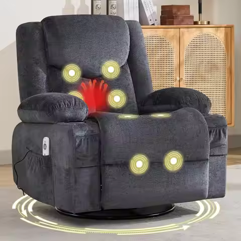 Swivel Recliner Chair w/ Massage & Heat, Rocker, Side Pocket & 2 Cup Holders, Living Room, Customize