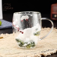 Double Wall Christmas Glass Cup, Cute Mugs Set for Coffee for Hot Cocoa, Christmas Tree Design