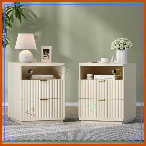 2-Piece Nightstand Set with Charging Station, Modern Fluted Design, 2 Drawers for Bedroom & Living R