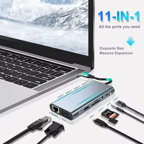 USB C Hub Compatible with Thunderbolt3/4 11-in-1 Docking Station with 4K UHD,VGA,PD100W,USB,TF/SD Ca