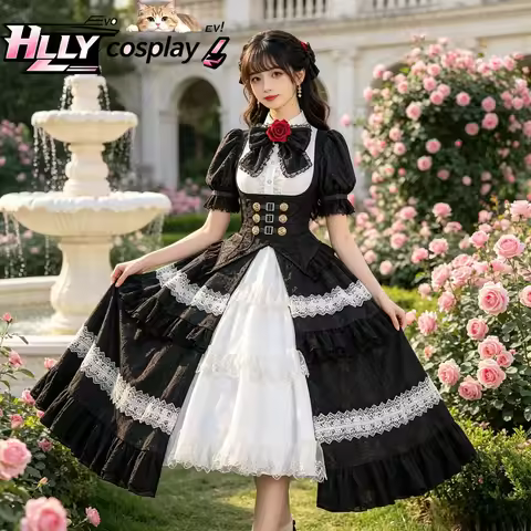 Tokisaki Kurumi Deluxe Cosplay Costume Set Black White Gothic Dress with Rose Details Wig Halloween 