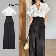 Lovito Elegant Patchwork Colorblock Jumpsuit for Women (Black and White)