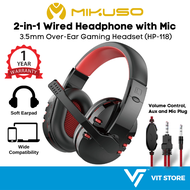 MIKUSO HP-118 Over Ear Headset Mic Wired Gaming Anti-Noise Red | Headphone Wayar Ergonomic PC Phone Laptop Microphone Kids Murah HP-117 HP-115