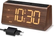 Wooden Alarm Clock - Digital Alarm Clock with Dual Alarm, Snooze, 4 Brightness & Volume Levels, USB 