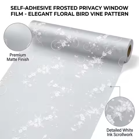 Self‑Adhesive Window Film Large White Vine Floral Pattern Frosted Glass Sticker Privacy Protection D
