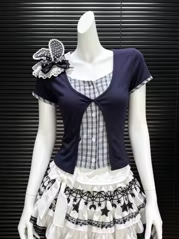 Retro 2000s Vintage T‑Shirts Women Y2K Fairycore Style Short Sleeve Slim Ruched Tee Daily Outfit Str