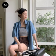 📌Lan แขนสั้นเสื้อเชิ้ตยีนส์ผู้หญิงออกแบบสบาย ๆ รู้สึกว่า เสื้อแจ็คเก็ตบาง ๆ หลวมเสื้อเชิ้ตขาด