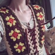 鉤針編織 70 年代奶奶方形背心，奶奶方形繫帶波西米亞風格背心