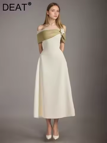 DEAT Fashion Contrast Color Patchwork Strapless Dress Women's Slash Neck Slim 3D Flower High Waist M