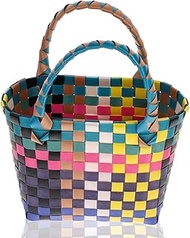 SHOWERORO Woven Basket with Handle 9.8X8.3X3.9 Inch Portable Storage Tote for Picnic Farmers Market 