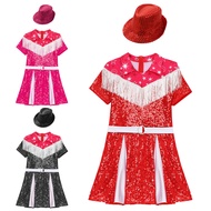 Yeahdor Girl Western Cowgirl Cosplay Costume Fringe Sequins Pleated Dress and Fedora Hat Halloween D
