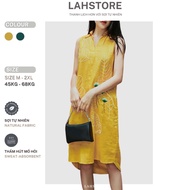 LAHSTORE scratched linen dress with shirt collar Sleeveless Flower embroidery DS09 (Yellow)