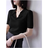 Black French Knit Polo Shirt - Slim Fit Women's Summer Top VC9I