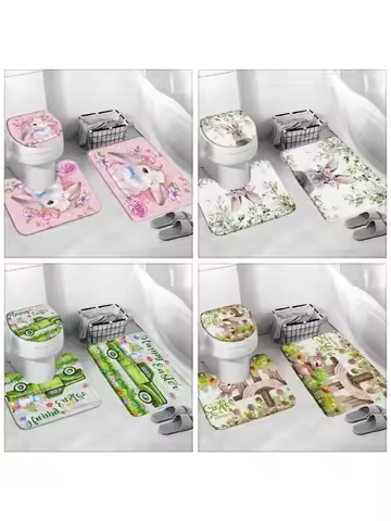 Happy Easter Rug Set Truck Bunny Elf Eggs Holiday Bathroom Bath Mats Toilet Mats Bathtub Decoration