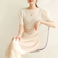 Pleated Short Sleeve Thin T-shirt Summer New Style Slim Fit Solid Color Versatile Round Neck Top for