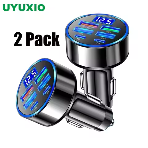 UYUXIO Multi Port 6 in 1 USB C Car Charger Adapter with Voltage Display for iPhone 17 16 Samsung Fas