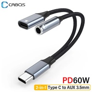 2in1 USB C to AUX 3.5mm Audio Cable PD60W Fast Charging Cable Type C to 3.5mm Aux Cable for Xiaomi Redmi Huawei Samsung Earphone