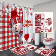 1/3/4 Piece Set Red Snowman Bathroom Decor Set, Includes Shower Curtain, Non-Slip Rug, Christmas Bat
