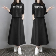 Korea 2pcs Women Dress Suit Plain Long Sleeve Baju Muslimah Blouse Tops + Maxi Skirt Set 5XL Plus Size Women Clothes Dresses Kurung Murah COD