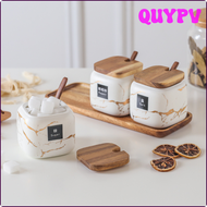ชุดครัว QUYPV โถใส่เครื่องปรุงฝ้าเซรามิคหินอ่อนรวมกันในครัวเรือนกล่องปรุงรสเกลือและน้ำตาลขวดปรุงรส APITV