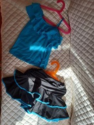 兒童拉丁舞裙（湖藍斜肩上衣+黑裙藍邊）