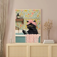 Colorful Trendy Black Cat Poster Funny Canvas Painting for Aesthetic Bathtub Eclectic Wall Decor Liv