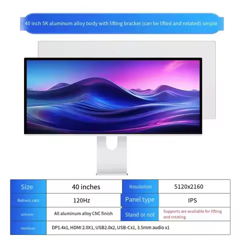 40 Inch NANO-ips CNC Alumin Computer Monitor 5K WLED 5120*2160 HDR10 120Hz type-c 100w Thunderbolt f