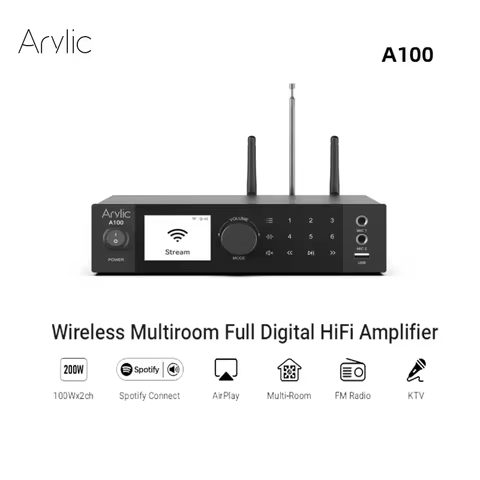 Arylic A100 100W x 2 Power amplifier music streamer FM radio KTV WiFi, AirPlay, Spotify Connect, Blu