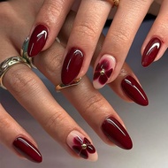 Almond nails Wear nails Flower Steel Ball Red Manicure Wear nails Fake nails