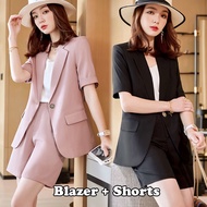 【2Pcs Blazer Coat+Shorts】Pink Casual Blazer Jacket Women's Thin Summer Temperament Elegant Short-Sleeved Solid Small Blazer Coat and Shorts Two Piece Set Ladies Office Work Wear