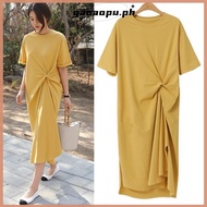 Summer new loose casual French niche dress Knotted Plus Size Long T-Shirt Dress