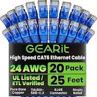 GEARit Cat 6 Ethernet Patch Cable 25 ft Blue (20 Pack) - Cat6 Patch Cables 25ft Blue/Ethernet Patch 