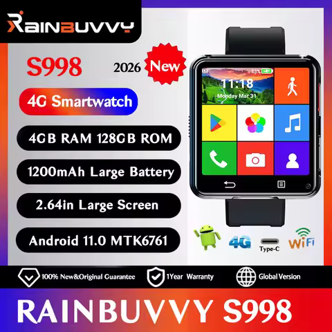Rainbuvvy S998 4G LTE Smartwatch 4GB RAM 128GB ROM Android 11.0 MTK6761 2.64" Large Screen SIM WiFi 