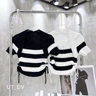 ÁO len tăm cổ vuông kẻ ngang phối dây rút 2 bên