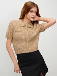 Cider Glitter Polo Button Knitted Short Sleeve Knitted Crop Top | Knitwear Sale