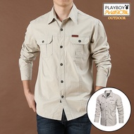 PLAYBOY Pure Cotton Casual Shirt Men Oversize Loose Long Sleeve Cargo Shirts Men's Clothing High Quality Solid Tooling Shirt 6XL