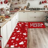 Christmas Kitchen Rug Set of 2 Merry Christmas Red Winter Holiday Non-Slip Kitchen Mats Snowflake Wi