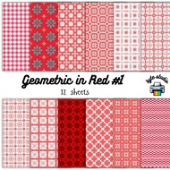 12 Strips Geometric in Red Print | 6x2.125in 4x1.5in | byte studio | Cardstock Paper Junk Journal