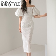 RYRYSTYLE Xia Xiaozhong ชุดเดรสยาวคอโคมไฟเดรสยาวคอลูกไม้สีขาวเดรสชุดชั้นใน Wrapped Hip 1364